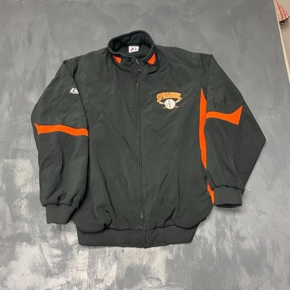 Vintage Sprague OLYS Zip up Jacket mens LARGE Black 1990s Majestic baseball